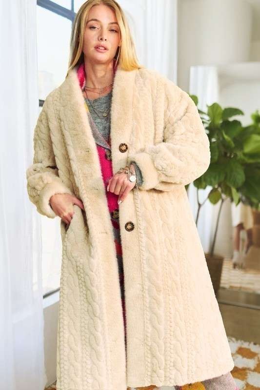 Single Breasted Fuzzy Fur Rib Pattern Long Coat