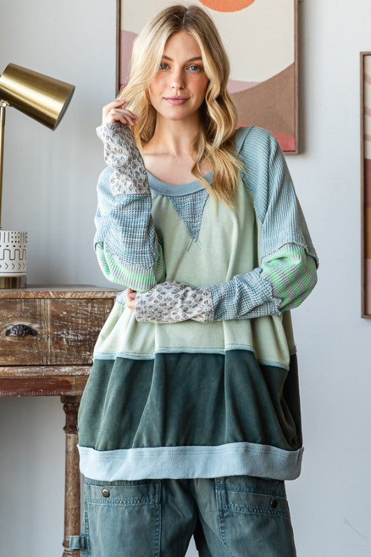 Oli & Hali - Washed Colorblock Detail Mix Media Pullover Top