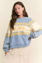 Load image into Gallery viewer, J.NNA - Ice Blue Floral Lace Lettering Sweater Top
