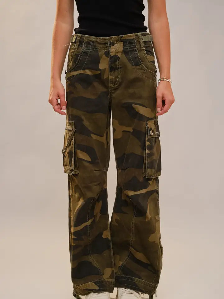 Blue B - Camo Cargo Pants With Studs And Drawstring