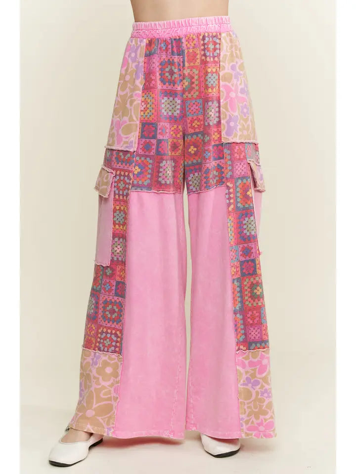 J. Her - Mineral Wash Boho Crochet Floral Printed Pants