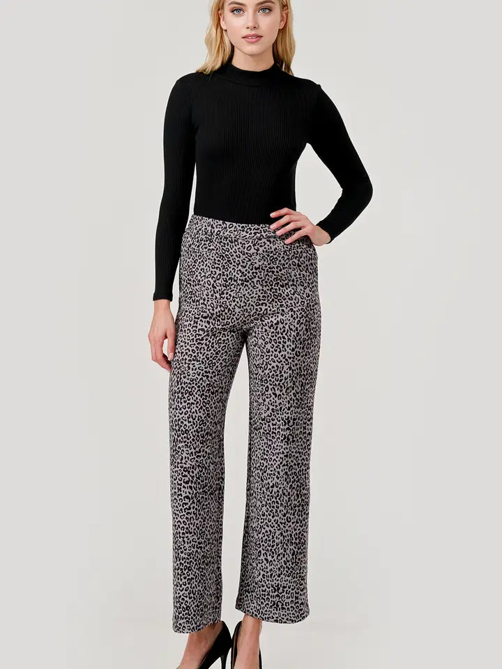 Pixi + Ivy -  Suede Feel Pull On Front Pocket Stretch Pants Grey Leopard