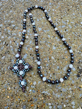 Load image into Gallery viewer, HC - Lariat Prayer Black/White Pearls Cross Necklace 40"
