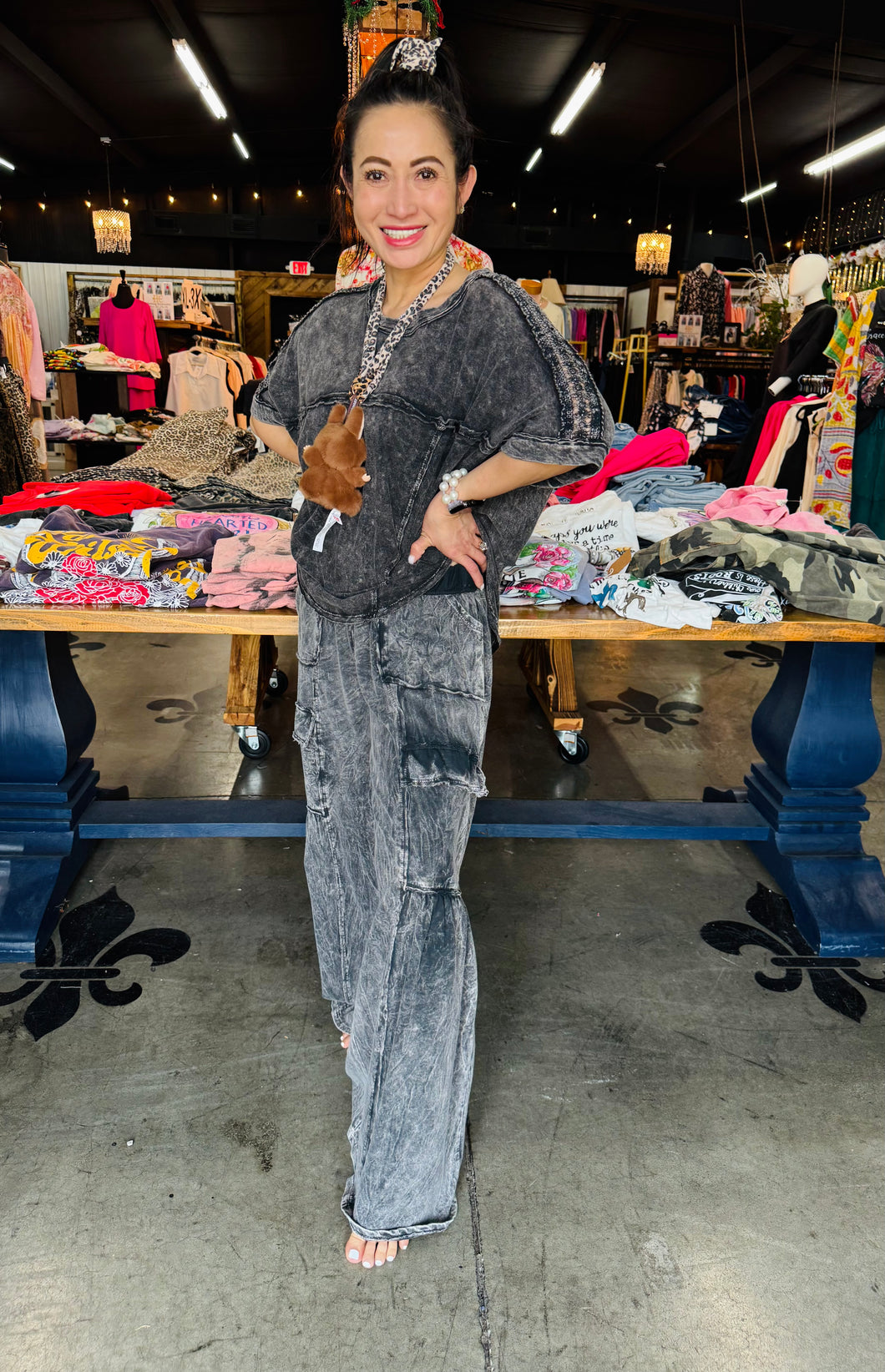 J. Her - Mineral Washed Ruffle Cargo Flare Pants