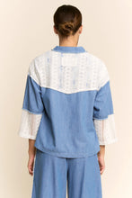 Load image into Gallery viewer, Davi &amp; Dani - Printed Denim Lace Blocked Button Front Shirt
