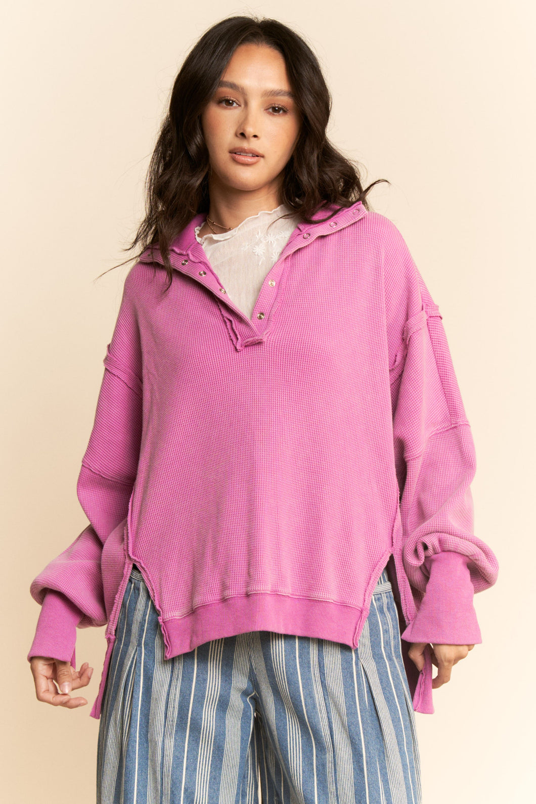 Davi & Dani - Garment Washed Heavy Button Henley Top