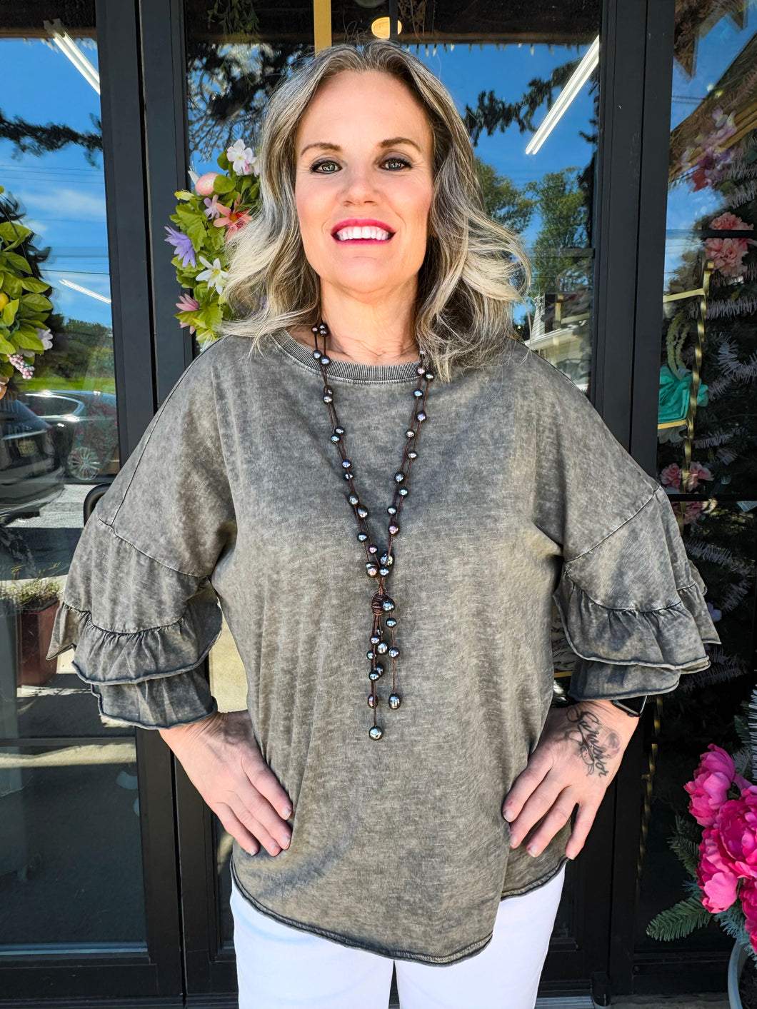 Easel - Wing Ruffle Sleeves Mineral Washed Slub  Top