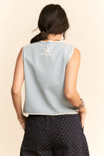 Load image into Gallery viewer, Davi &amp; Dani - Striped Denim Moon Lace Edge Tie Front Vest
