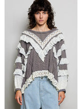 Load image into Gallery viewer, Pol - Eyelet Ruffle Raw Edge Trim Lace Solid Knit Top  Gray
