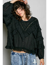 Load image into Gallery viewer, Pol - Eyelet Ruffle Raw Edge Trim Lace Solid Knit Top Black

