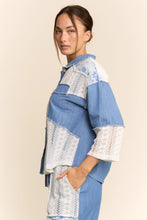 Load image into Gallery viewer, Davi &amp; Dani - Printed Denim Lace Blocked Button Front Shirt
