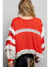 Load image into Gallery viewer, Pol - Eyelet Ruffle Raw Edge Trim Lace Solid Knit Top Red
