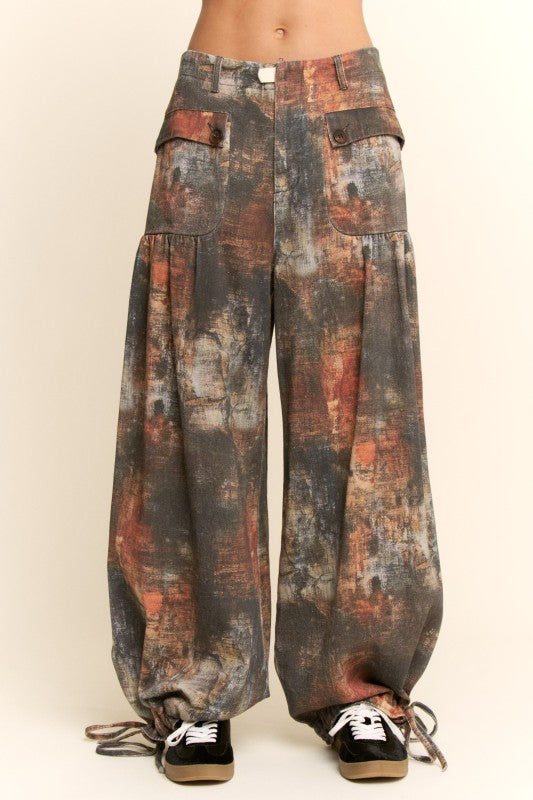 Davi & Dani - Tie-dyed Printed Denim Wide Mid-high Waist Pants