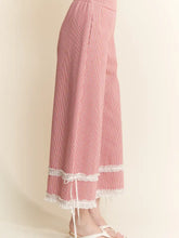 Load image into Gallery viewer, Davi &amp; Dani - Washed Stripe Ruffle Lace Bottom Cropped Pants

