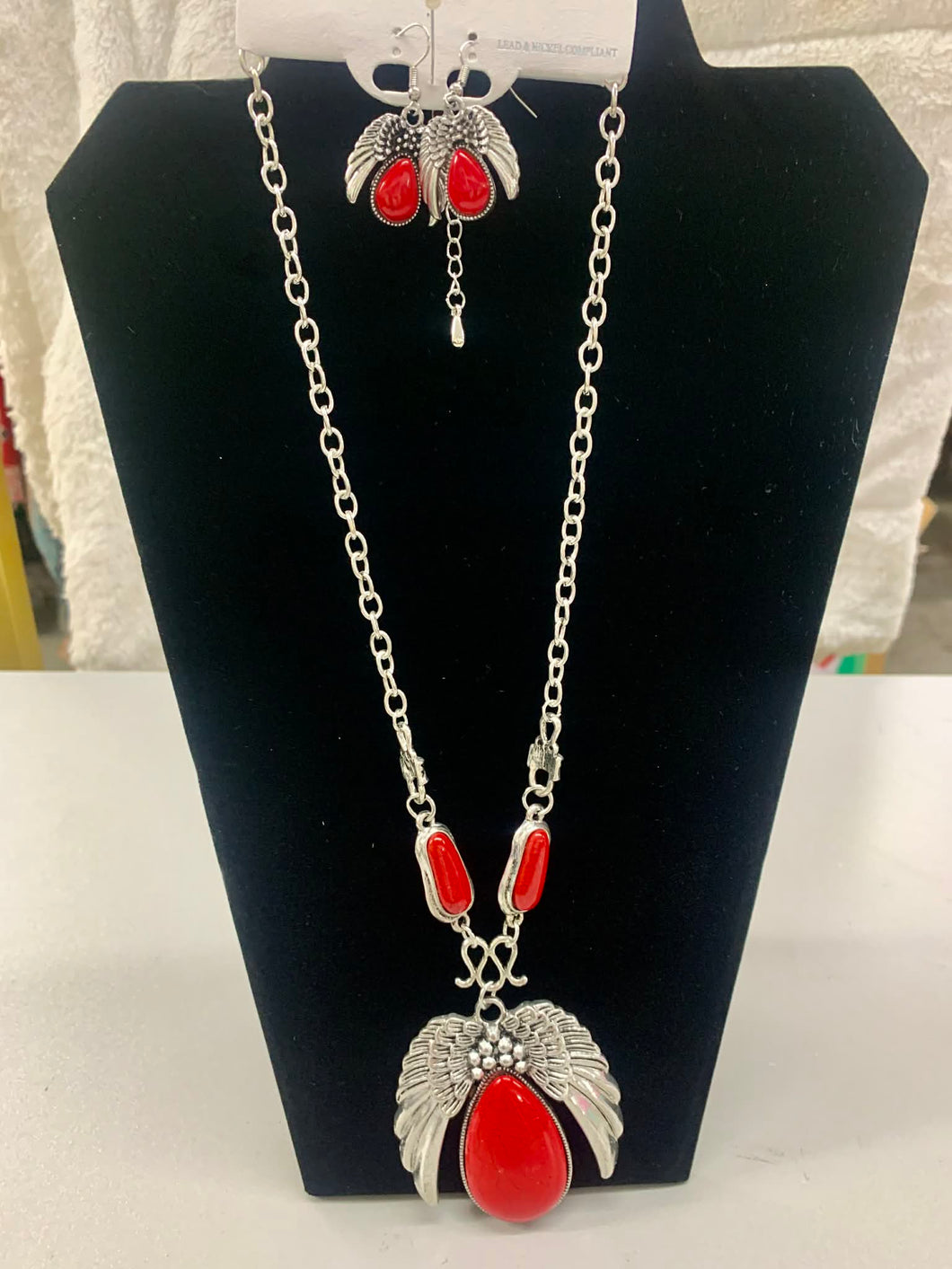 Fashion Jewelry -Silver and Red Matching Necklace and Earrings Set