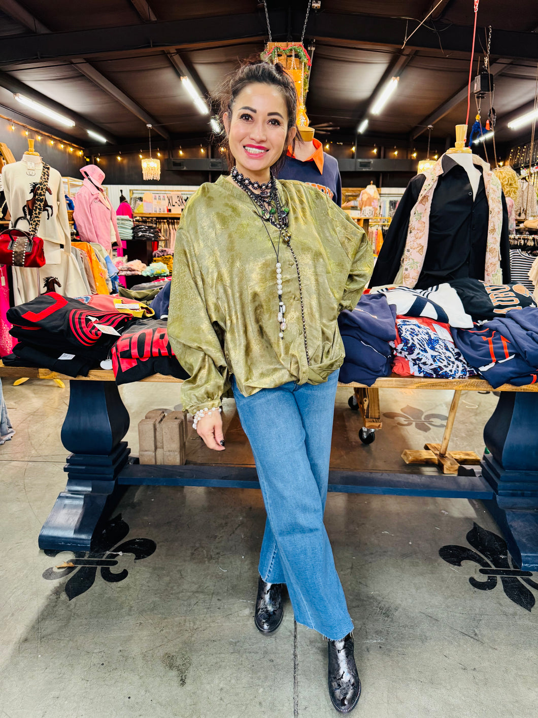 Glam - Round Neck Knot Blouse - OLIVE