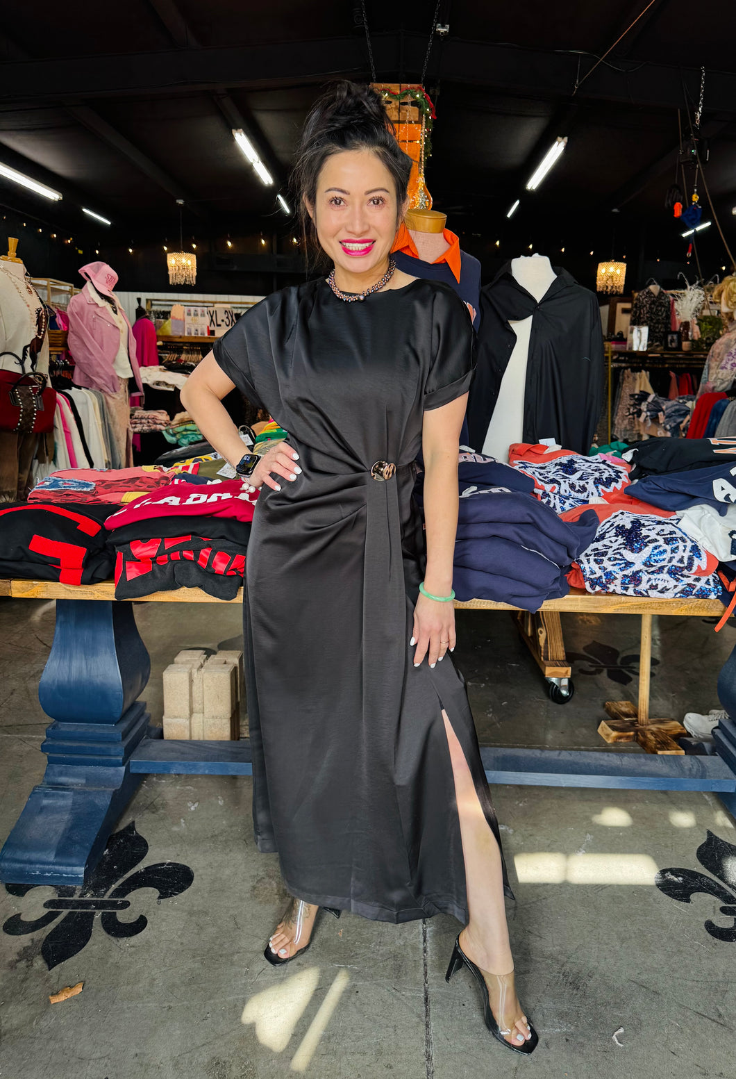 Glam - Gathered Metal Trim Short Sleeve Midi Dress