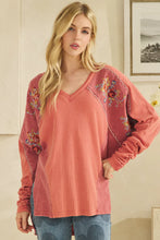 Load image into Gallery viewer, Oli &amp; Hali - WASHED FABRIC FLORAL EMBROIDERY RUCHED SLEEVE TOP RED
