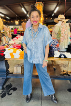 Load image into Gallery viewer, Pixi + Ivy - Short Sleeve Collared Button Down Metallic Top - Blue
