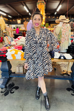 Load image into Gallery viewer, Pixi + Ivy - Shelly Tiered Ruffle Neck Long Sleeve Dress - Zebra
