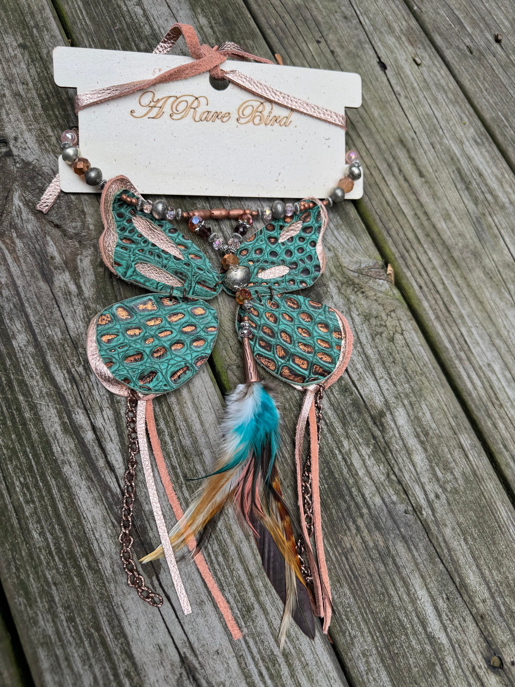 A Rare Bird-Teal Leather Butterfly Necklace