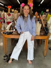 Load image into Gallery viewer, I Love Linen - USA Flag Applique Button Down - Blue Stripe
