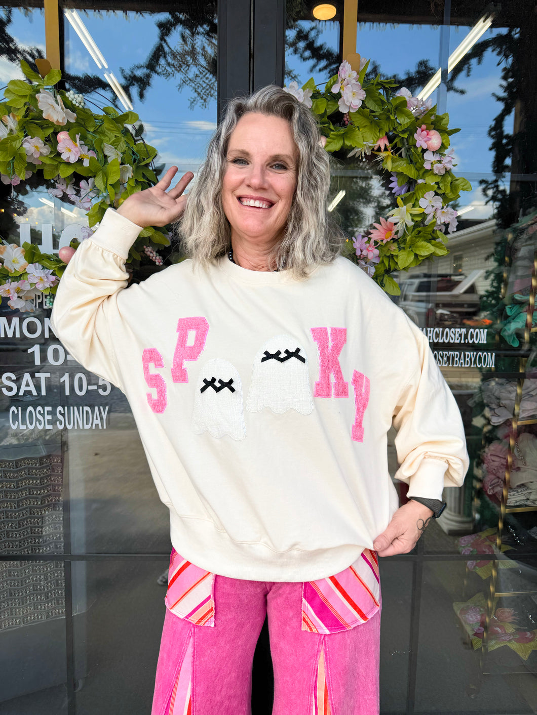 Spooky with BOO contrast patch detail sweatshirt