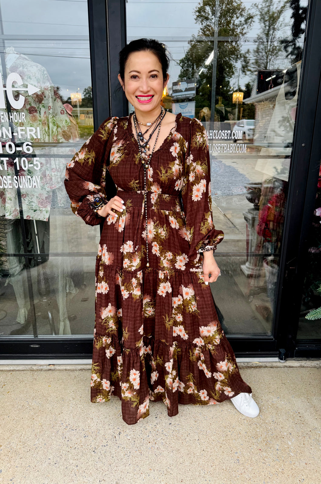 Davi & Dani - Boho Floral Printed Ruffle V-Neck Long Sleeve Tiered Dress