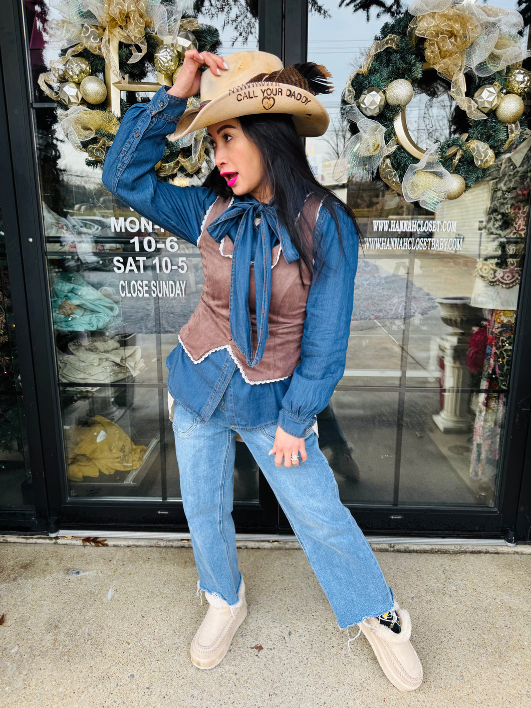 Blue B - Faux Suede Lace Trim Top - Dark Brown