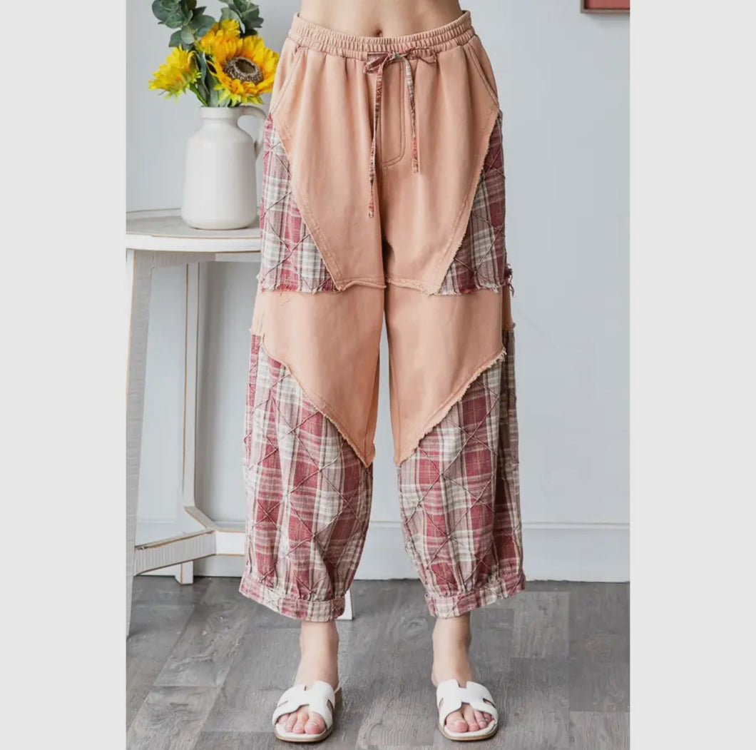 Oli & Hali - Taupe Washed Plaid Mixed Terry Quilting Detail Pants