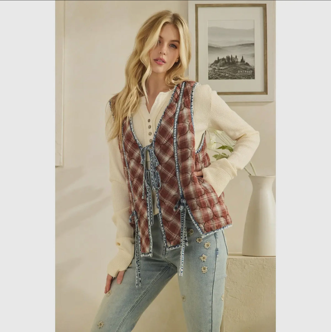 Oli & Hali -Mocha Washed Tie Front Quilted Detail Vest