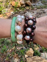 Load image into Gallery viewer, Three strand  natural chocolate and pink baroque fresh water pearl bracelet
