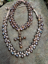 Load image into Gallery viewer, Three strand with cross natural chocolate fresh water pearl necklace
