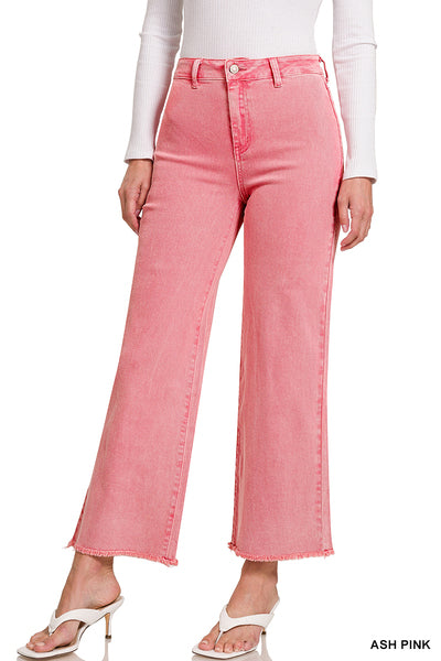 ACID WASHED FRAYED CUTOFF HEM STRAIGHT WIDE PANTS