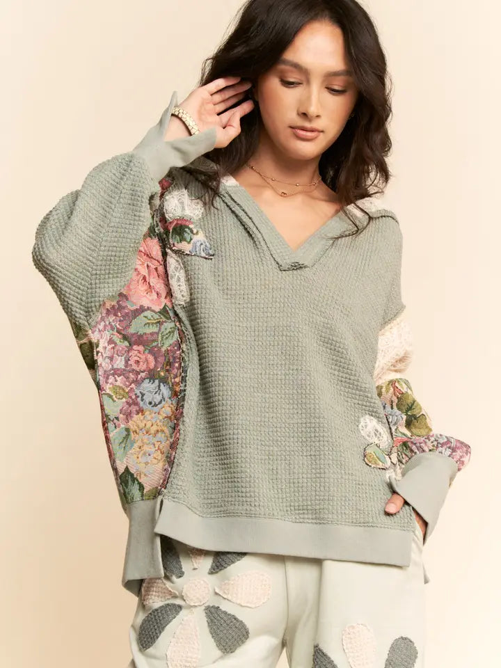 Davi & Dani - Soft Waffle Knit Flower Patchwork Hoodie Top