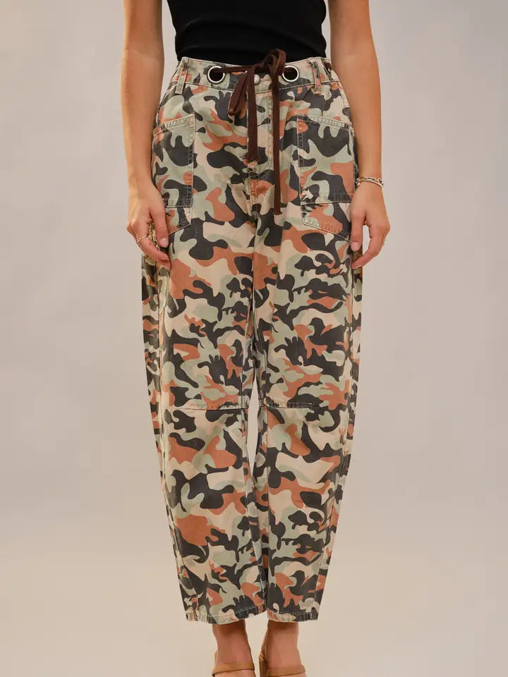 Blue B - Camo Print Barrel Leg Pants with Grommets