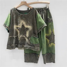 Load image into Gallery viewer, HCB - Distressed Colorblock Denim Crop Top &amp; Capri Set
