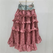 Load image into Gallery viewer, Denim Gingham Tiered Ruffle Maxi Skirt For Women Chic
