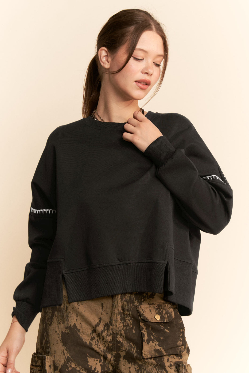 Davi & Dani - Contrast Stitch Crewneck Sweatshirt