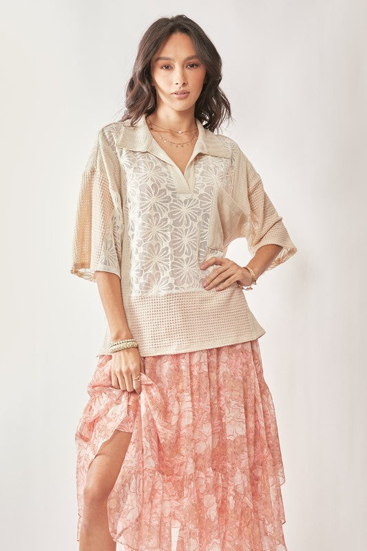 Lace Knit Mixture Collar Neck Short Sleeve Top