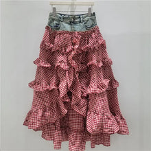 Load image into Gallery viewer, Denim Gingham Tiered Ruffle Maxi Skirt For Women Chic
