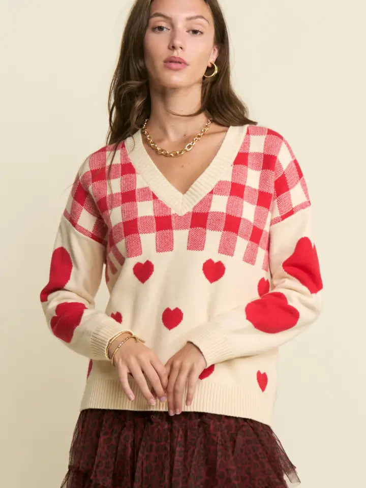 J.NNA - Hearts & Checker Vneck Sweater