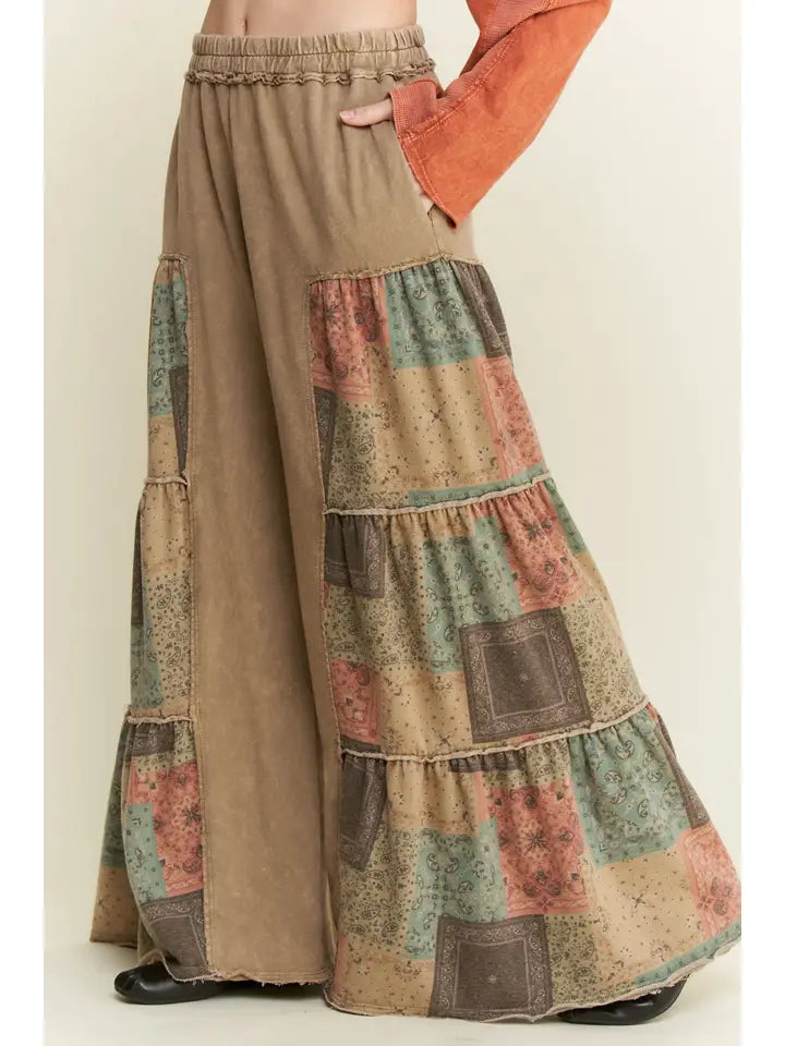 J. Her- Mineral Washed Boho Patch Tiered Wide Pants
