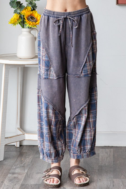 Oli & Hali - Navy Washed Plaid Mixed Terry Quilting Detail Pants