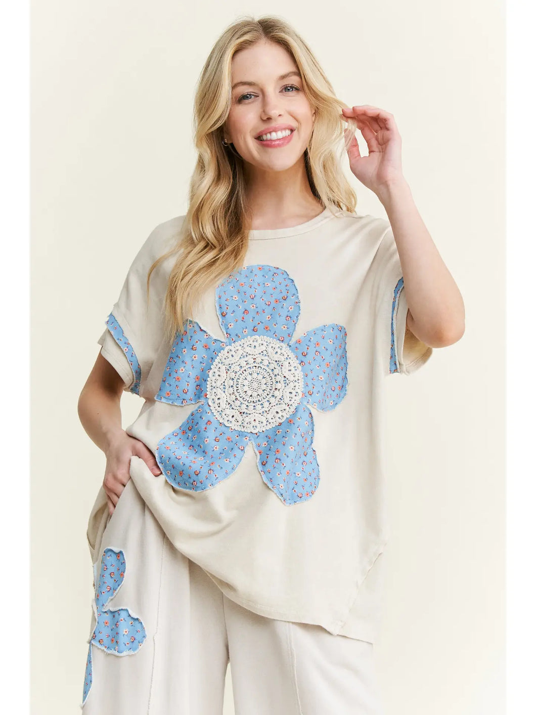 J. her - Cotton French Terry Flower Doily Patched top