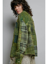 Load image into Gallery viewer, Pol - Green Vintage Wash Plaid Lace Patchwork Long Sleeve Shirt Top
