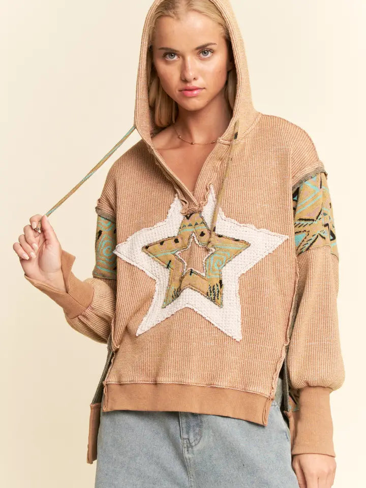Davi & Dani - Heavy Waffle Star Patch Drop Shoulder Hoodie Top