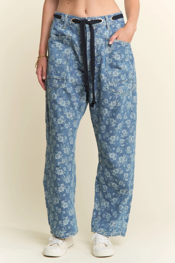 Jnna - Floral Jaquard Denim Wide Leg Bottoms