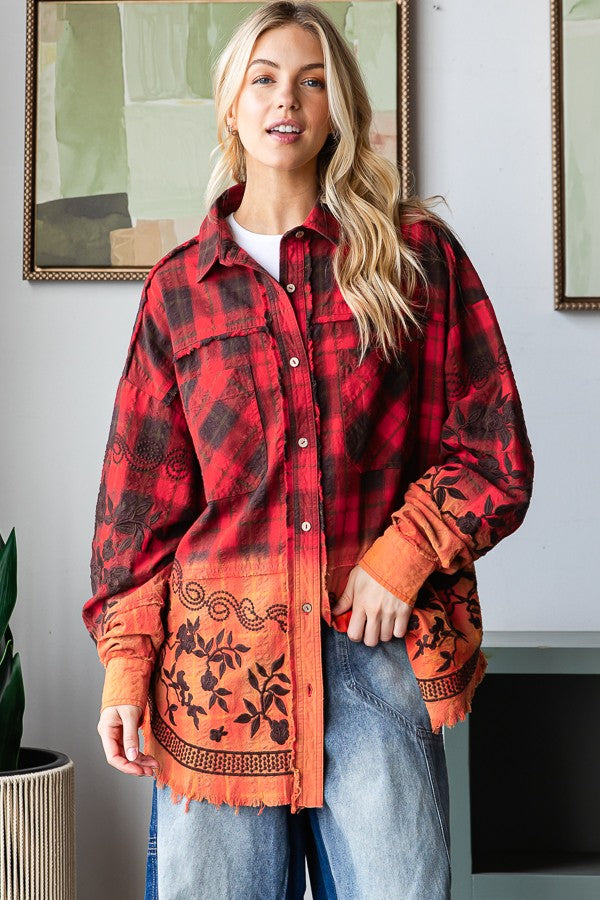 Oli & Hali - Mineral Washed Plaid Embroidered Detail Shirt