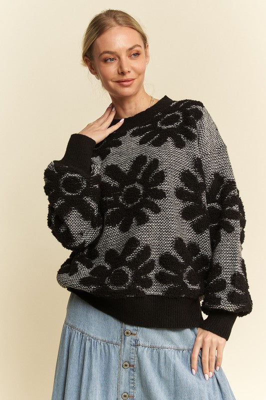 Textured Floral Crew Neck Pull Over Sweater Top